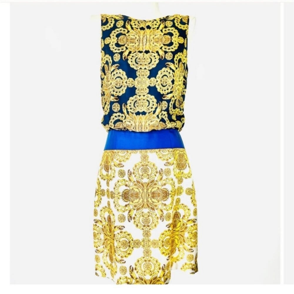 LOVELY Tibi 100% Silk Vintage, blue and gold sleeveless dress size 8